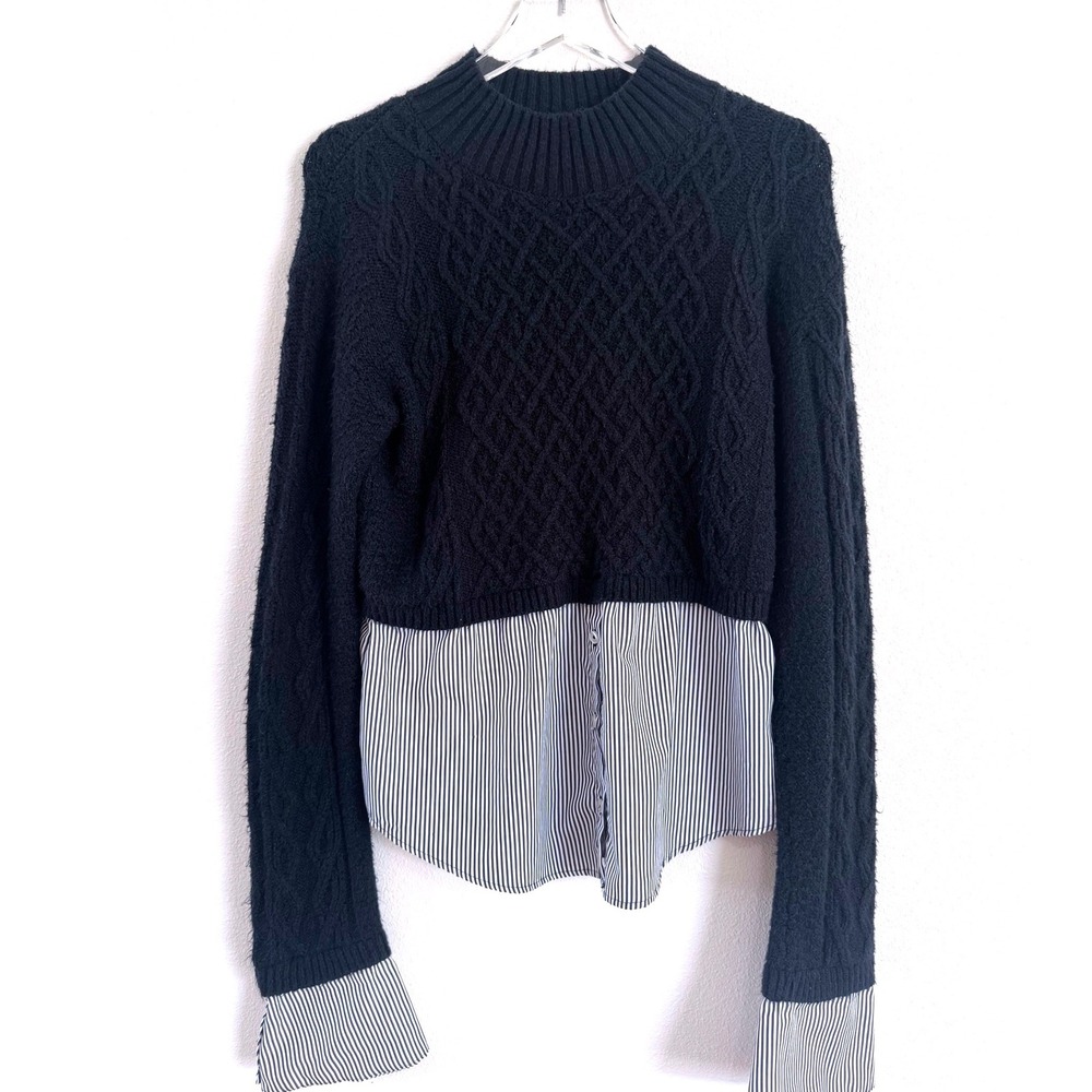 Maeve by Anthropologie Navy Cable-Knit Layered Sweater with Striped Shirt Hem - Picture 2 of 4
